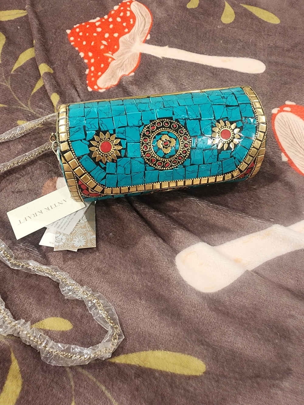 Turquoise Mosaic Embellished Crossbody Clutch By Antik Kraft New